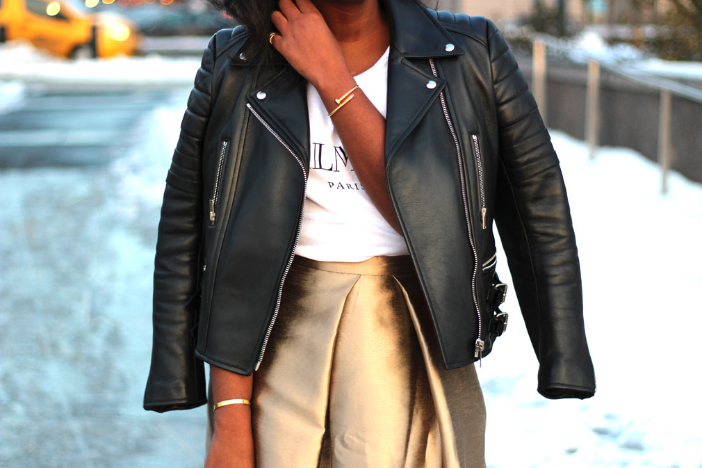Celine Black Moto Leather Jacket Balmain White T-shirt and Gold Tibi A-Line Midi Skirt