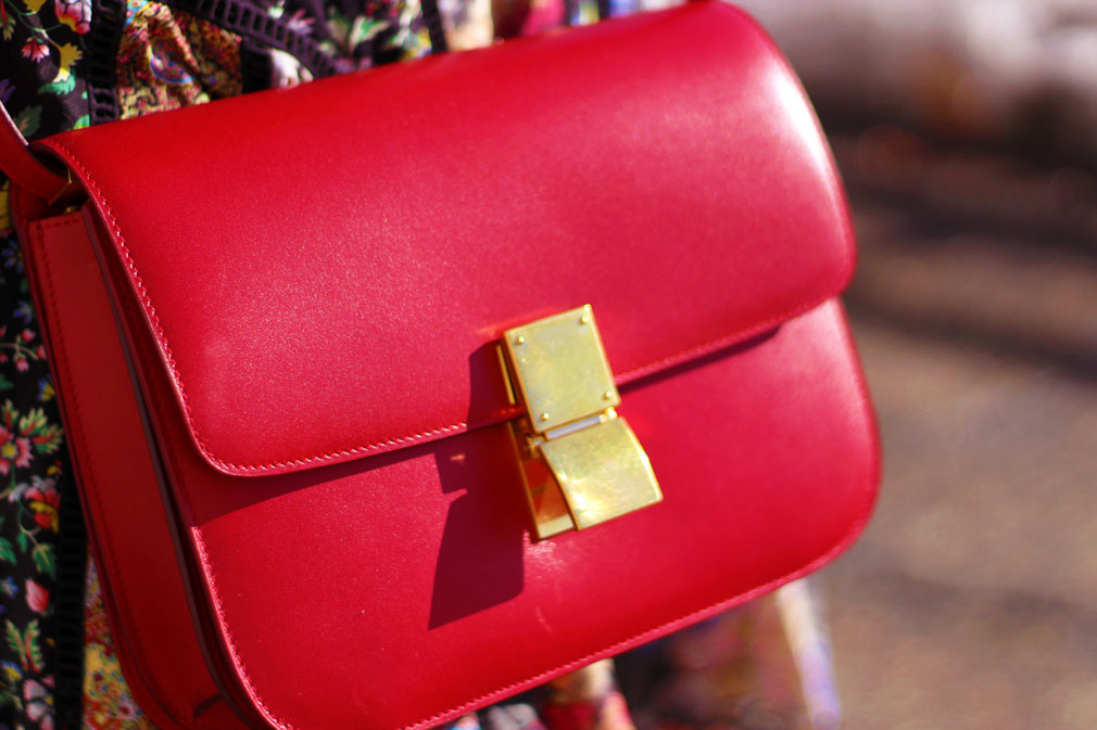 Zimmermann Floral Midi dress Red Celine Box Bag and Tan Suede Saint Laurent knee high Boots