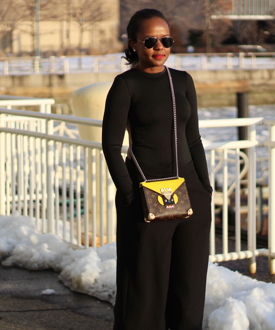 Wolford Image String Bodysuit and Black ASOS Culottes and Yellow Louis Vuitton Louis Vuitton Mask Bag