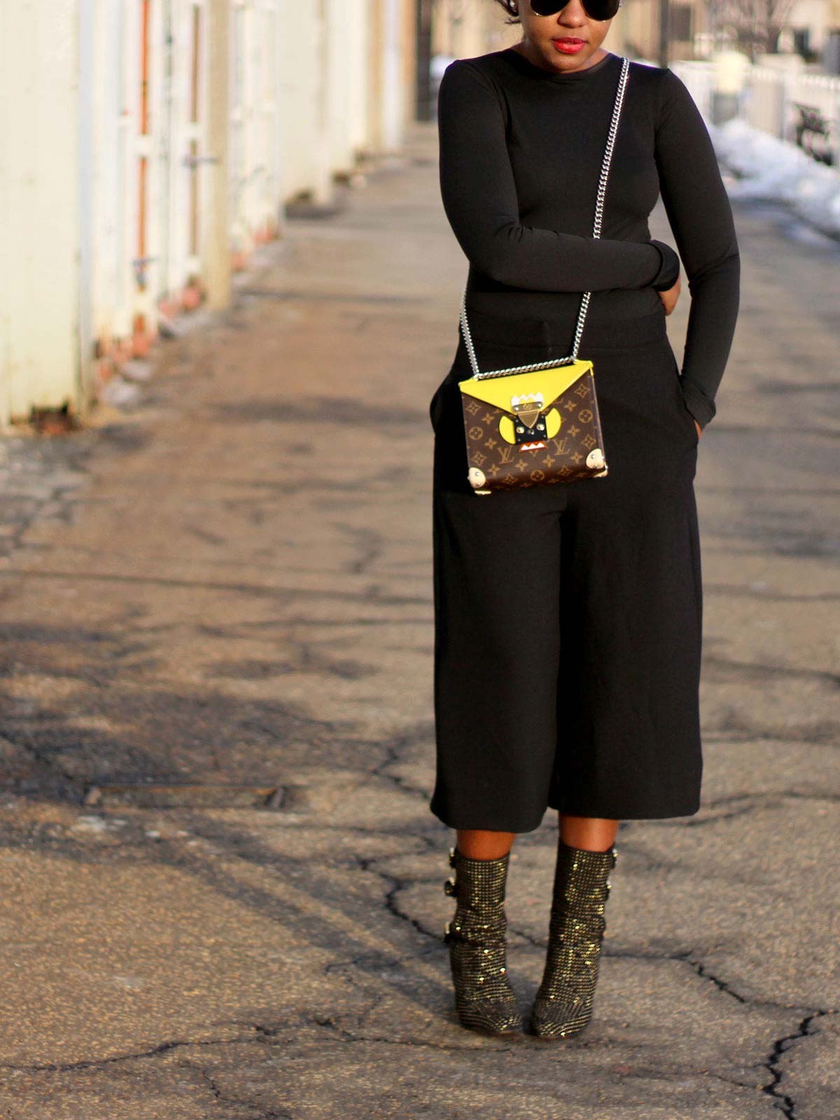 Louis Vuitton Mask Bag with  Wolford backseam bodysuit and Asos Culottes Wide Leg pants  
